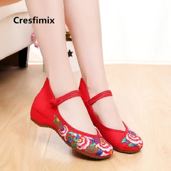 

Cresfimix women cute spring & autumn comfortable dance shoes lady casual anti skid red embroidery shoes female retro shoes c2217