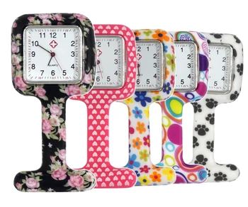 

5pcs Set Square Clip Silicon Nurse Rubber Pocket FOB Watch Women Docter Hanging Medical Watch Free Shipping Gift Floral Printing