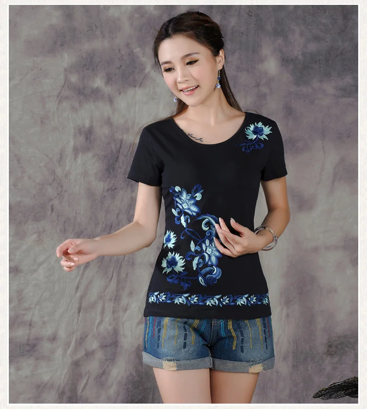 Летние Вышитые хлопок с коротким рукавом Футболка женские в китайском стиле рубашка с вышивкой Одежда для беременных блузка для беременных - Цвет: Черный