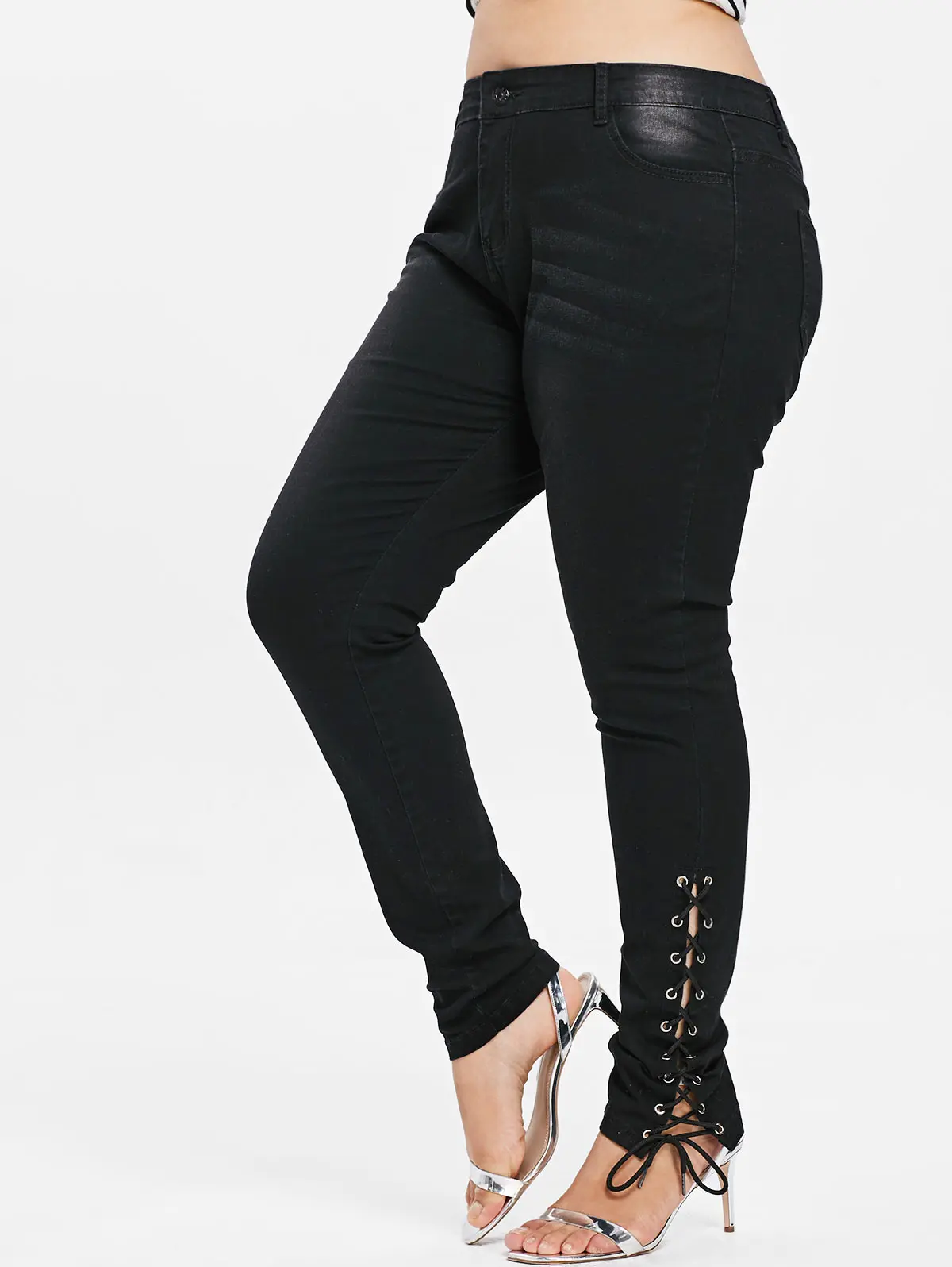 Wipalo, джинсы размера плюс на молнии с боковой шнуровкой, обтягивающие джинсы с высокой талией и карманами, женские потертые джинсовые брюки, брюки большого размера 5XL - Цвет: Black