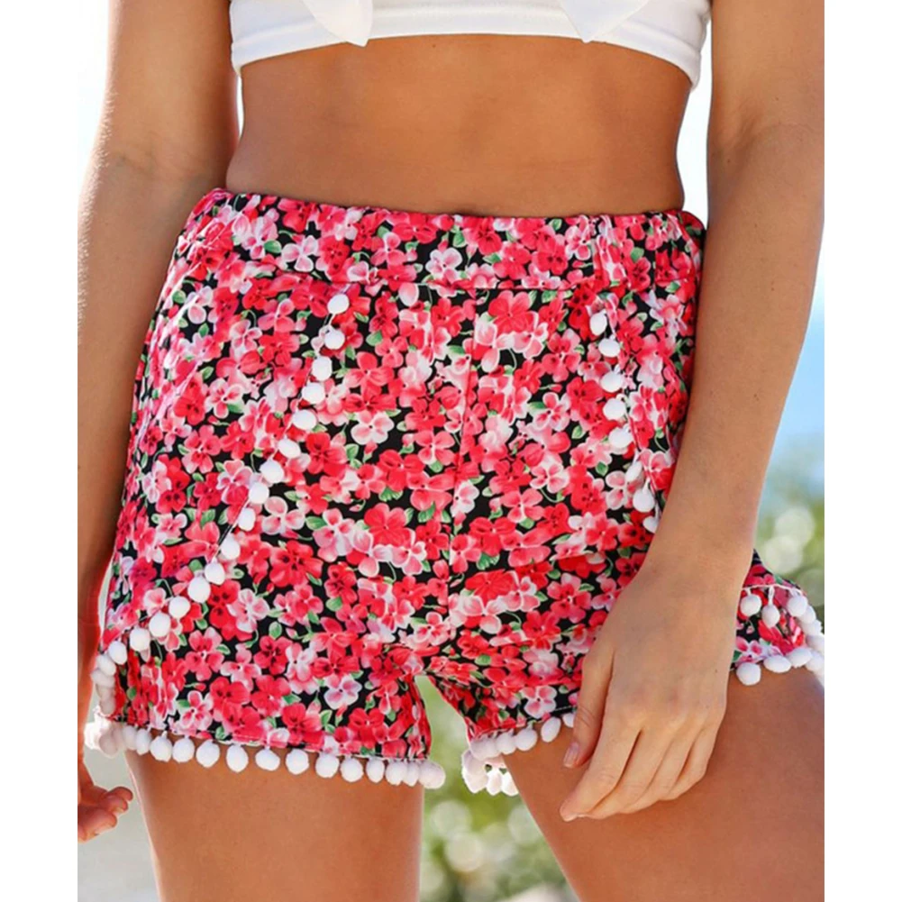 Elastic Mid Waist Women Shorts feminino Hot Sale Pom Pom Ball Floral