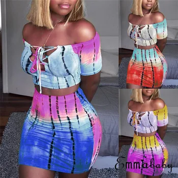 

Sexy Hot Women 2 Piece Bodycon Clothes Sets Off Shoulder Tops T-shirt Lace Up Neck Crop Tops+Hot Skirts Striped Club Wear Sets