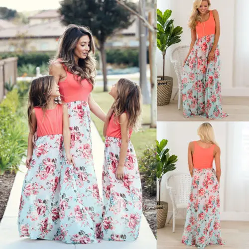 

Mother and Daughter Family Matching Patchwork Floral Dress Womens Girls Maxi Dresses Clothes