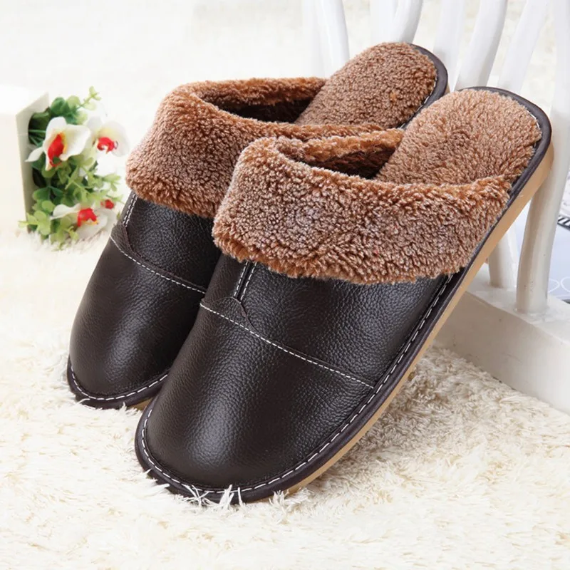 FAYUEKEY New Fashion Winter Leather Home Slippers Men Indoor Floor Outdoor Slippers Warm Cotton Plush Non-slip Flat Shoes 11
