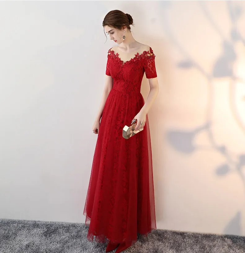 JaneVini 2018 бордовый пикантные длинные платья подружек невесты A-Line бисером кружевные аппликации Sheer Scoop шеи фрейлина платья Плюс Размеры