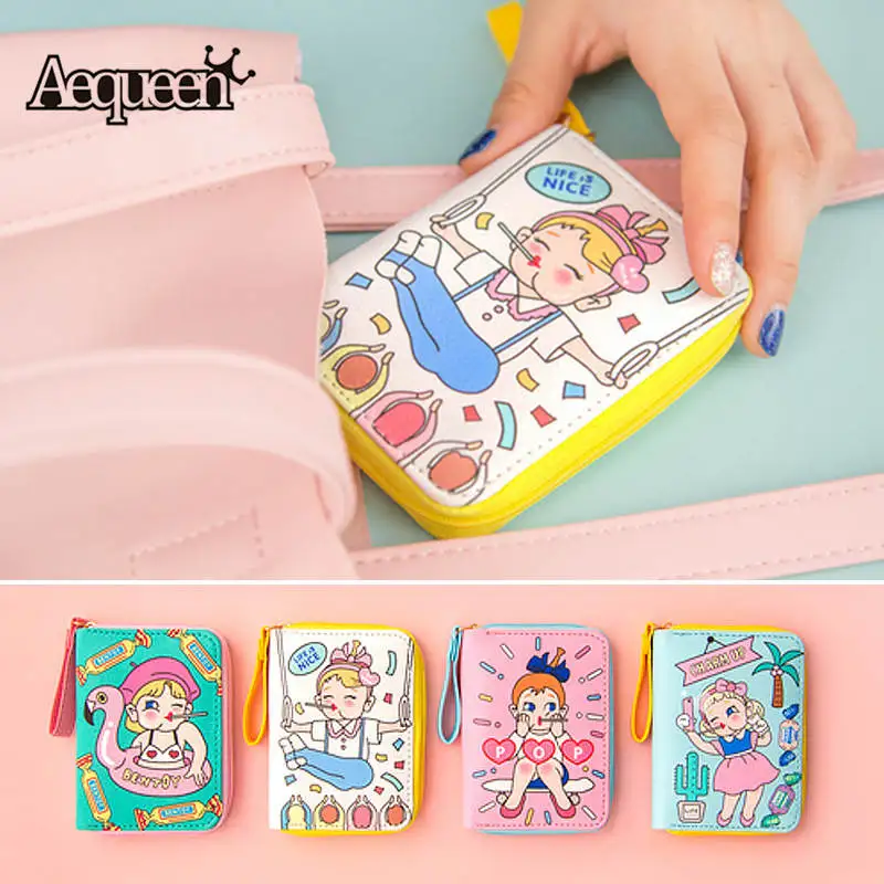 

AEQUEEN Creatives Cartoon Short Wallet Women Coin Purses Cute Graffiti Mini Wallets ID Credit Card Holders For Girl Lady Kawaii