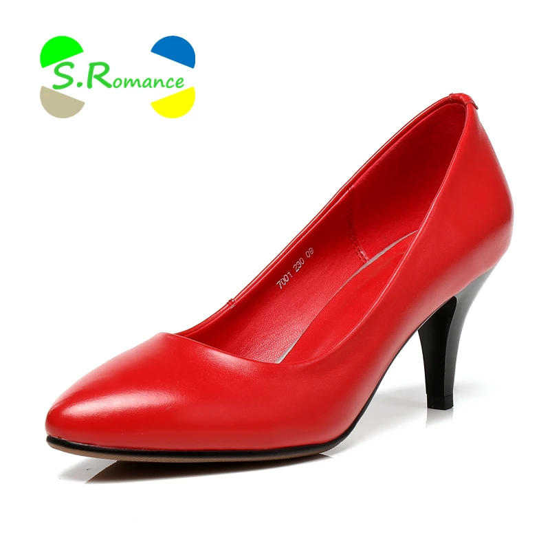 

S.Romance Women High Heel Pumps Cow Genuine Leather Thin Heels Size 34-41 Pointd Toe Slip On Women's Fashion Shoes SH011
