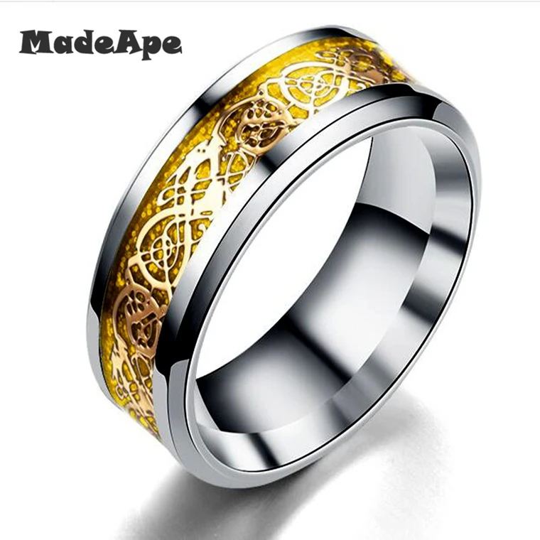 MadApe светящиеся кольца серебряного цвета с инкрустацией темно Золотого Дракона
