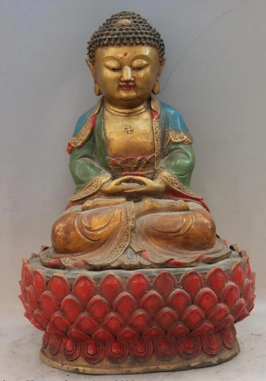 

bi001619 China Old Copper Bronze Color Painted Tathagata Sakyamuni Amitabha Buddha Statue