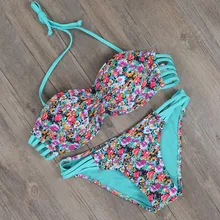 Brand New Women Sexy Underwire Bikini Set Push Up Bra Swimsuit Blue Pink Floral Swimwear Cross Bandeau Bathing Suit E609