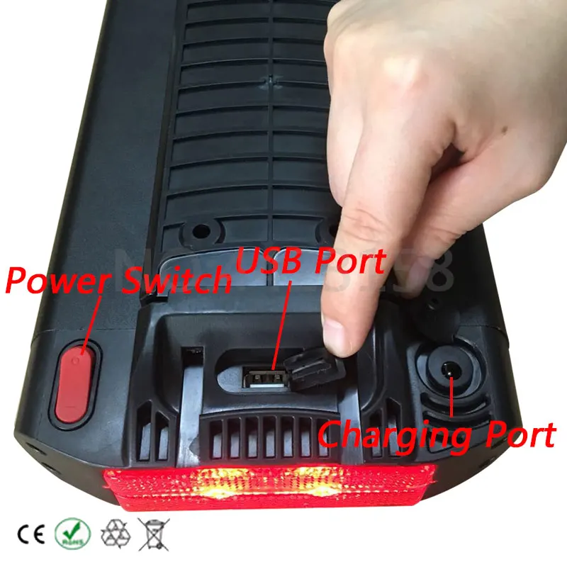 Discount Free Shipping Lithium Battery 36V 13AH Ebike Battery Rear Rack Type Battery with Charger 36 Volt Battery with USB port Taillight 5