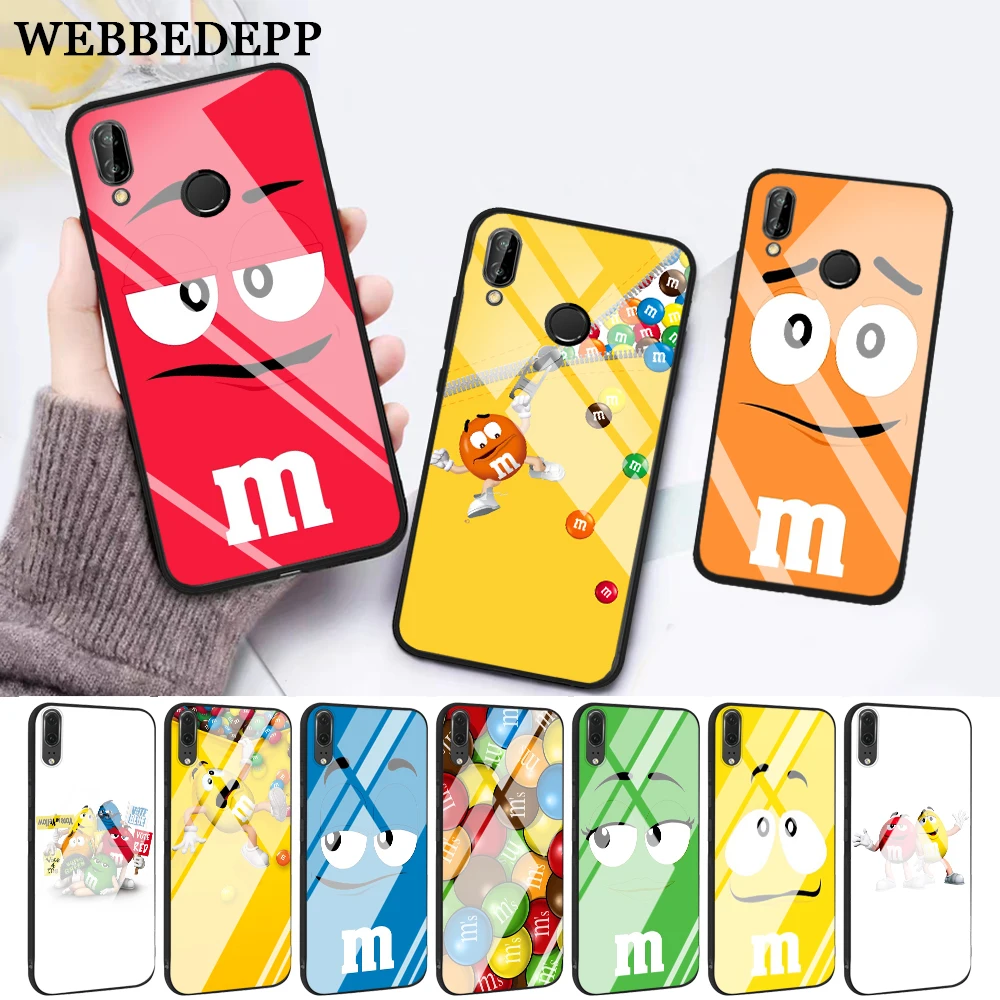 

WEBBEDEPP M&M's Chocolate Glass Case for Huawei P10 lite P20 Pro P30 P Smart honor 7A 8X 9 10 Y6 Mate 20