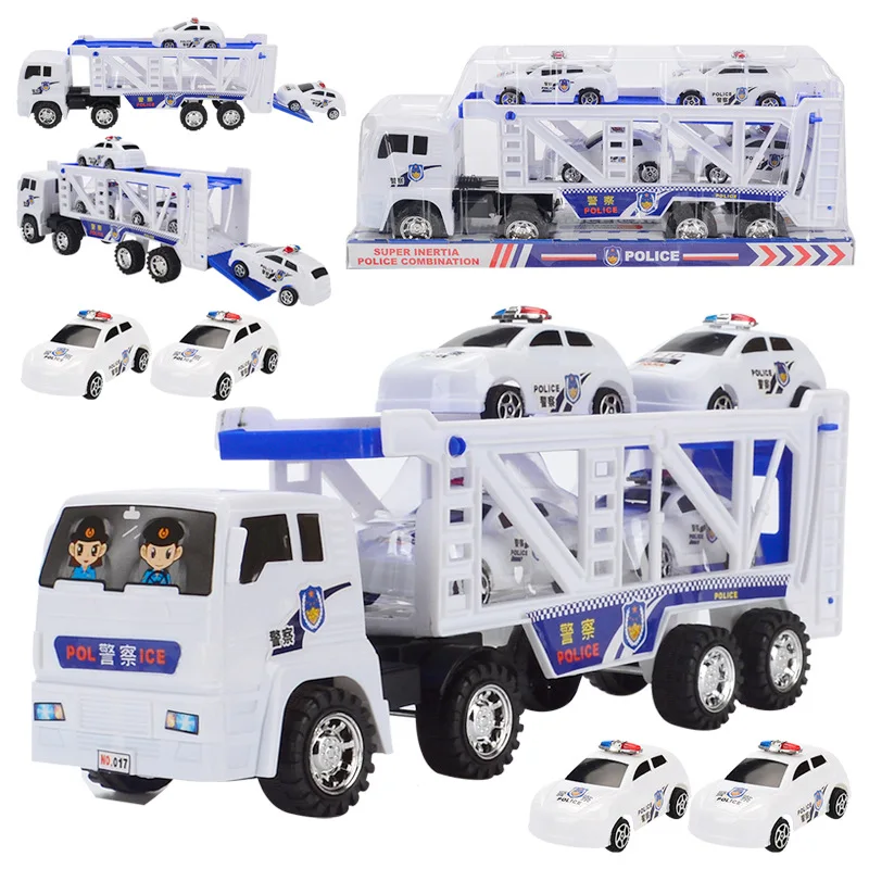 

Large double inertial trailer with four mini police car transport truck toy