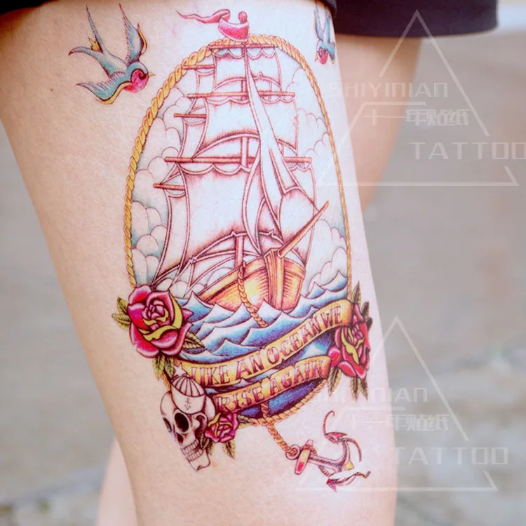 Tempoary татуировки тела графических макияж стикер парусная лодка с якорем роза череп птицы летать на океан, 1 простыня 210 х 150 мм