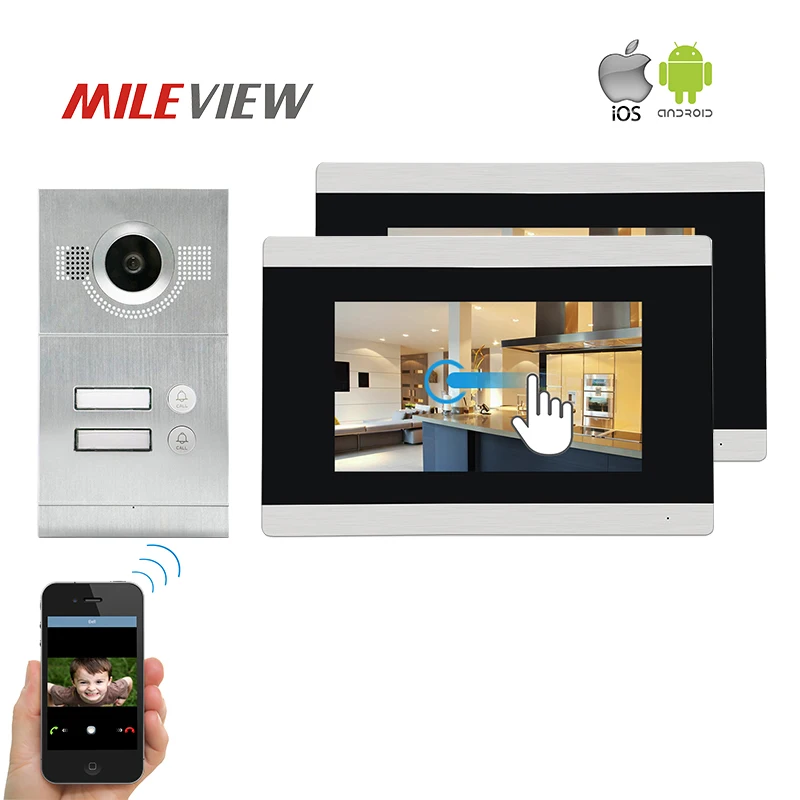 

Free Shipping Two Apartments 720P HD IP 7" Touch Screen LCD Video Intercom Door Phone Record Monitor Kit for Android IOS Phone
