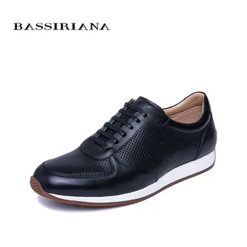 

BASSIRIANA 2019 new men's casual sports shoes natural leather spring and autumn Lace-up breathable black size 39-45