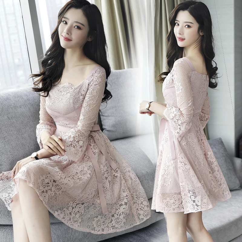 

Spring Summer New Women Dress Seven Minute Horn sleeve Female Lace Dress A word Big Swing dress Women's Sexy Dresses