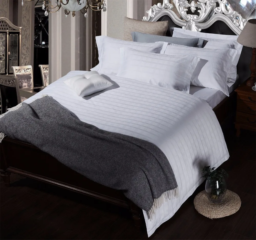 60s White Jacquard Hotel Bedding set 100 cotton Luxury Embroidered Line Grid Home Duvet Cover