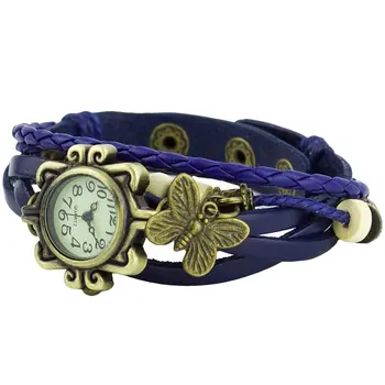 

Womens Faux Leather Bracelet Butterfly Decoration Quartz Wrist Watch Blue