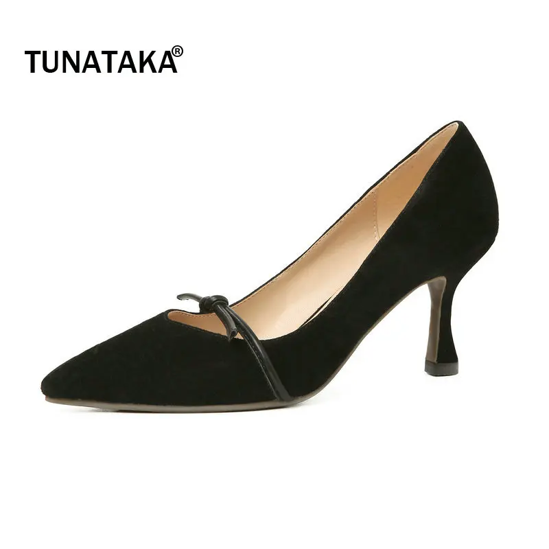 

Suede Comfort Thin Heel Pointed Toe Woman Lazy High Heel Shoes Fashion Bow Knot Dress Pumps Woman Shoes Black Red Beige