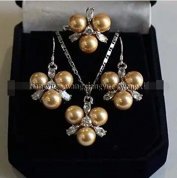 

Free Shipping >> 8MM Golden South sea Shell Pearl Earrings Ring & Necklace Pendant Set