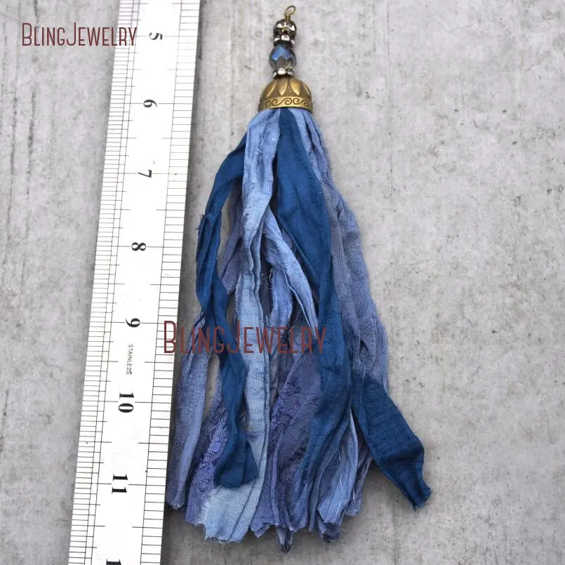 20171213-PM9150- Blue Shades Sari Silk Tassel Pendant  Antique Bronze Color Plated_5