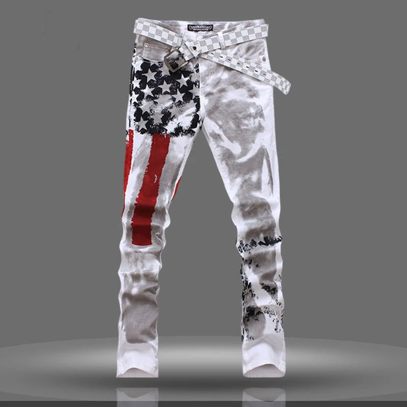 Men's Brand Flag Stars Print Designer Jeans Pant Fashion Micro Elastic