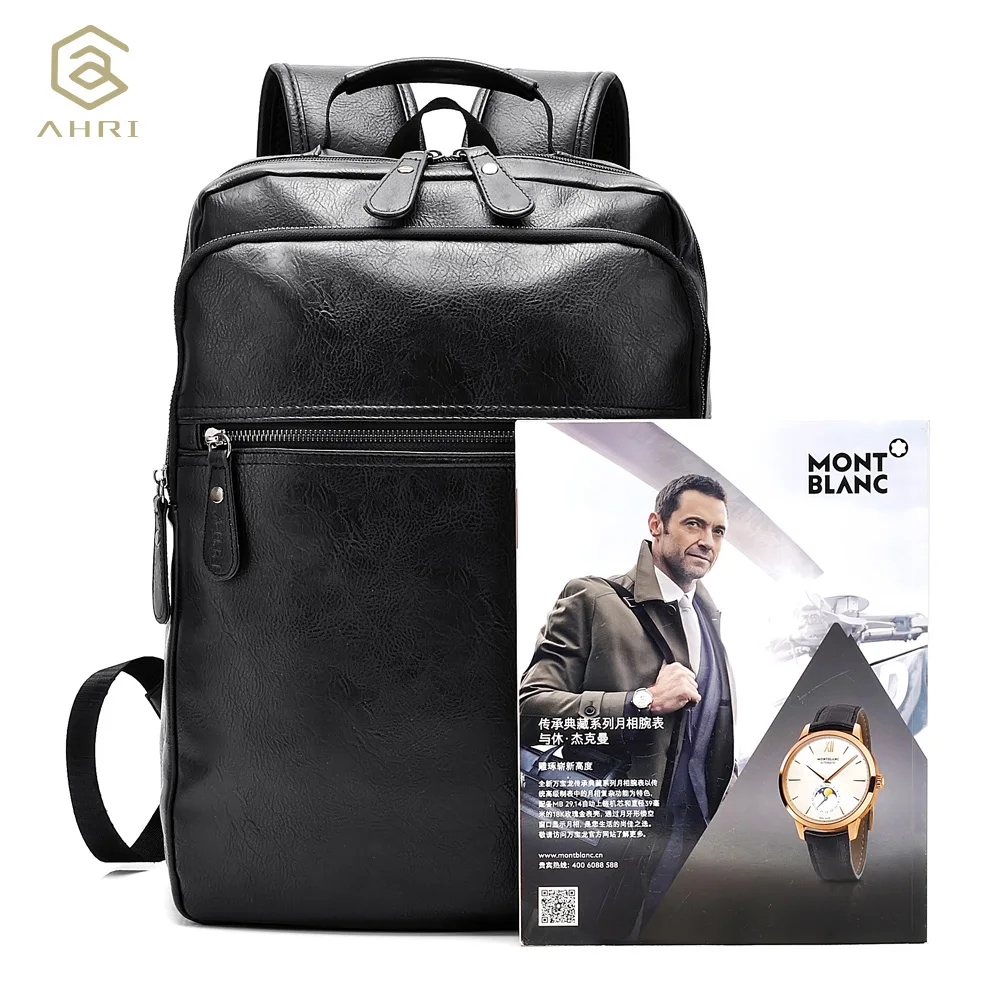 AHRI Men Business Casual Backpacks for School Travel Bag Black PU Leather Men's Fashion Shoulder Bags Vintage Boys Men Backpack