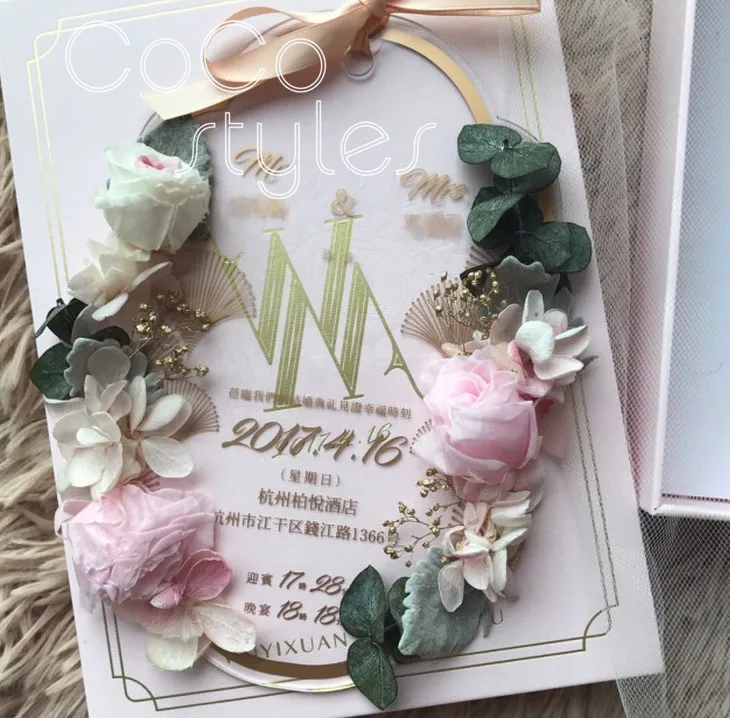  Cocostyles personalized super elegant die cut acrylic invitation card with preservedfreshflower for - 32870722574