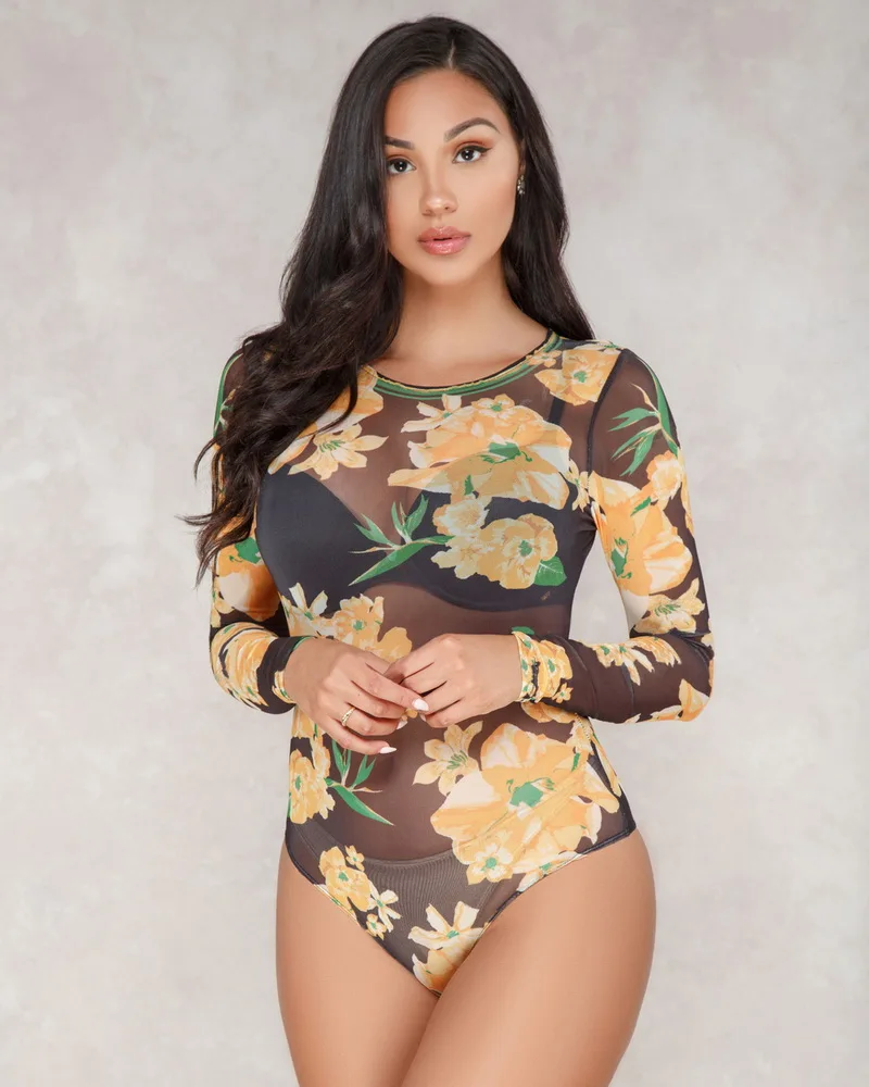 JIZHENGHOUSE Summer Bodysuits Women Sexy Mesh Long Sleeve Floral Print