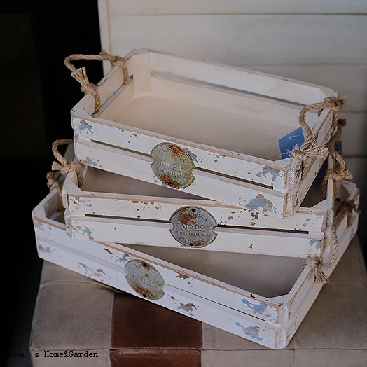 

set 3 stack shabby white shallow small wooden storage crates