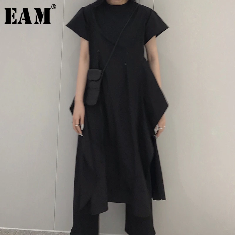 

[EAM] 2019 New Spring Summer High Waist Round Neck Short Sleeve Irregular Pleated Brief Personality Dress Women Fashion JX285