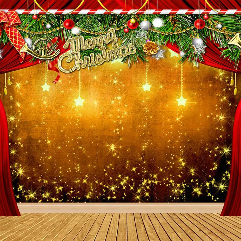 

Merry Christmas Backdrop Wooden Floor Printed Glitter Stars Balls Green Leaves Red Curtains Xmas Party Stage Photo Backgrounds