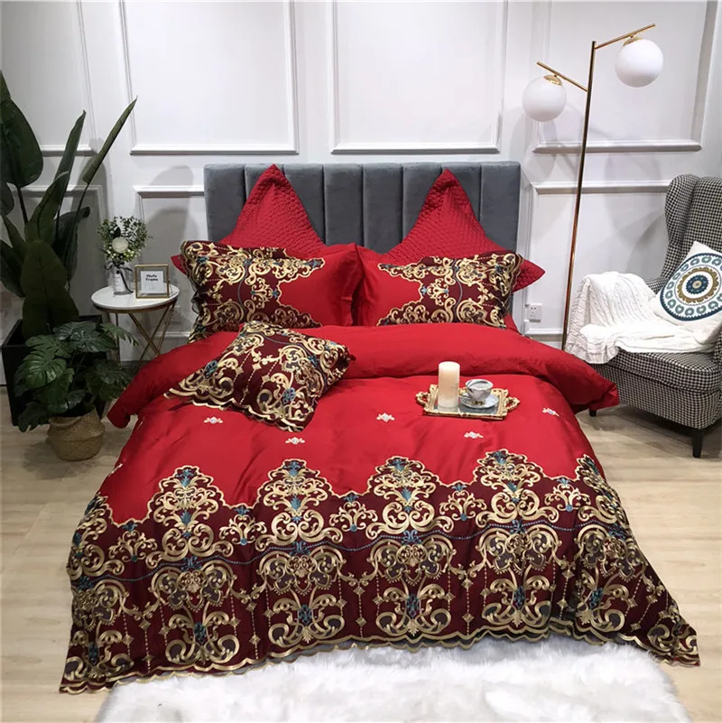 

New Luxury Gold Lace Embroidery 60S Egyptian Cotton Wedding Bedding Set Red Blue Pink Duvet Cover Bed sheet/Linen Pillowcases