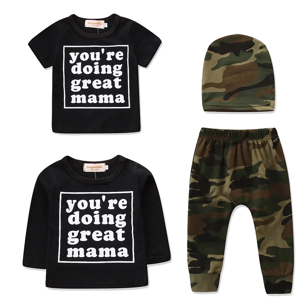 Newborn Baby Boy Clothes Black Letter T Shirt Tops+Camouflage Pants Hat 3pcs Toddler Boys Clothing Set Boutique Kids Clothing