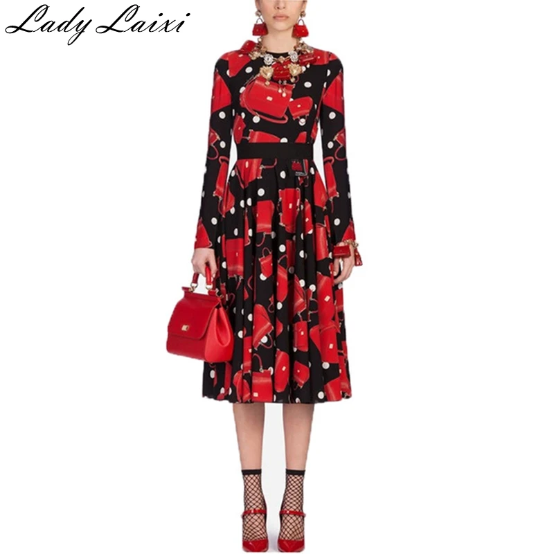 

2019 Spring High Quality Fashion Designer Runway Summer Dress Round Neck Long Sleeve Red Bag Print Slim Vintage Dress Vestidos