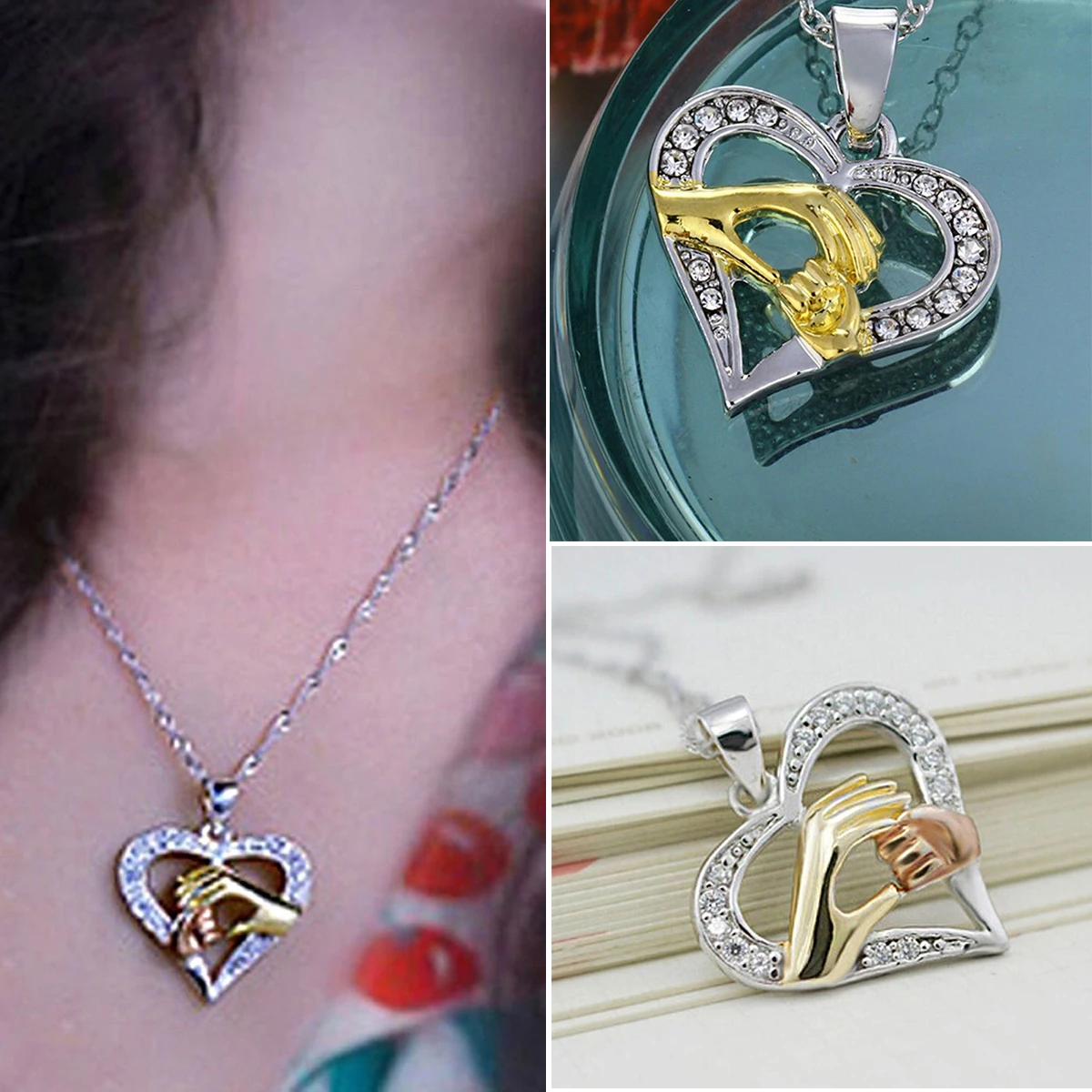 Vintage Collare Mother Child Necklaces Shellhard Crystal Hand in Hand Heart Shaped Pendant Necklace Love Family Jewelry Gift