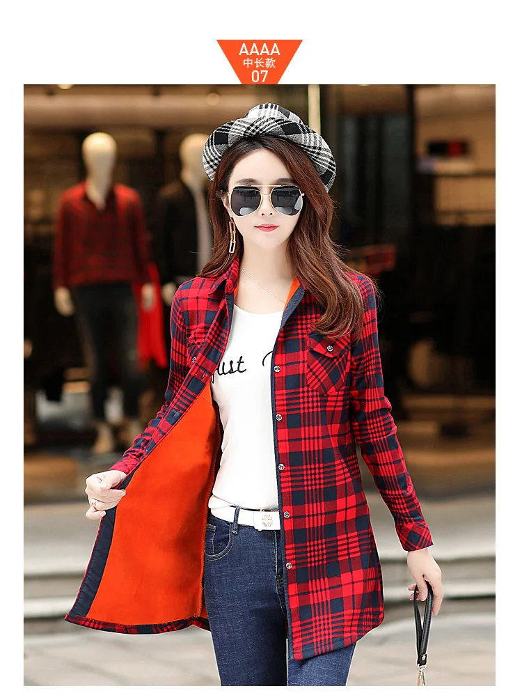 womens shirts Velvet Thick Warm Women's Long Plaid Shirt Female Full Sleeve Tops M-XXXL Winter Check Blouse Blusas Femininas Chemise Autumn off the shoulder shirts & tops