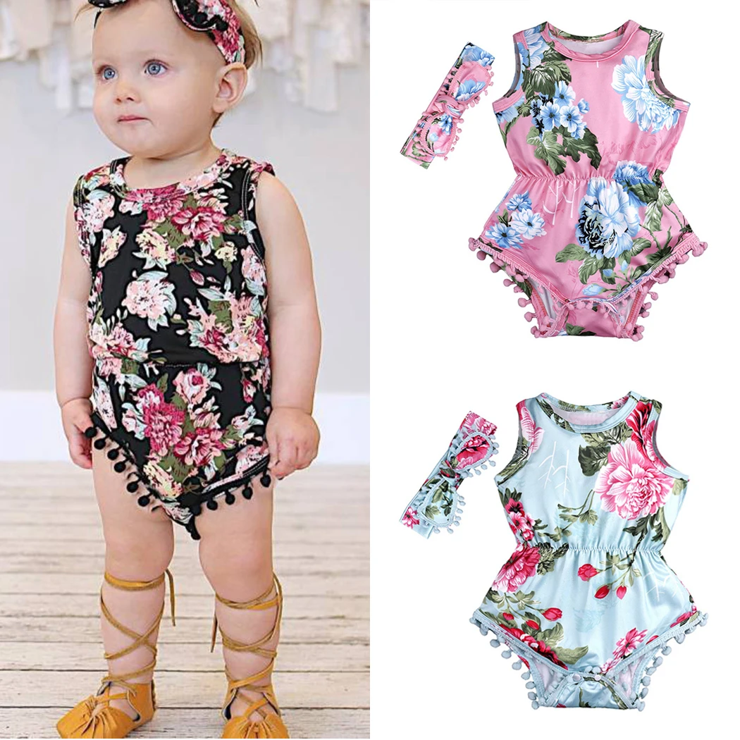 2PCS Cute Baby Rompers +Headband Summer Ruffled Flower Girls Costumes Set 2018 New Kids Jumpsuit