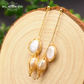 

GLSEEVO 100% Natural Fresh Water Pearl Long Drop Earrings For Women Girl Original Design Fine Wedding Engagement Jewelry GE0716