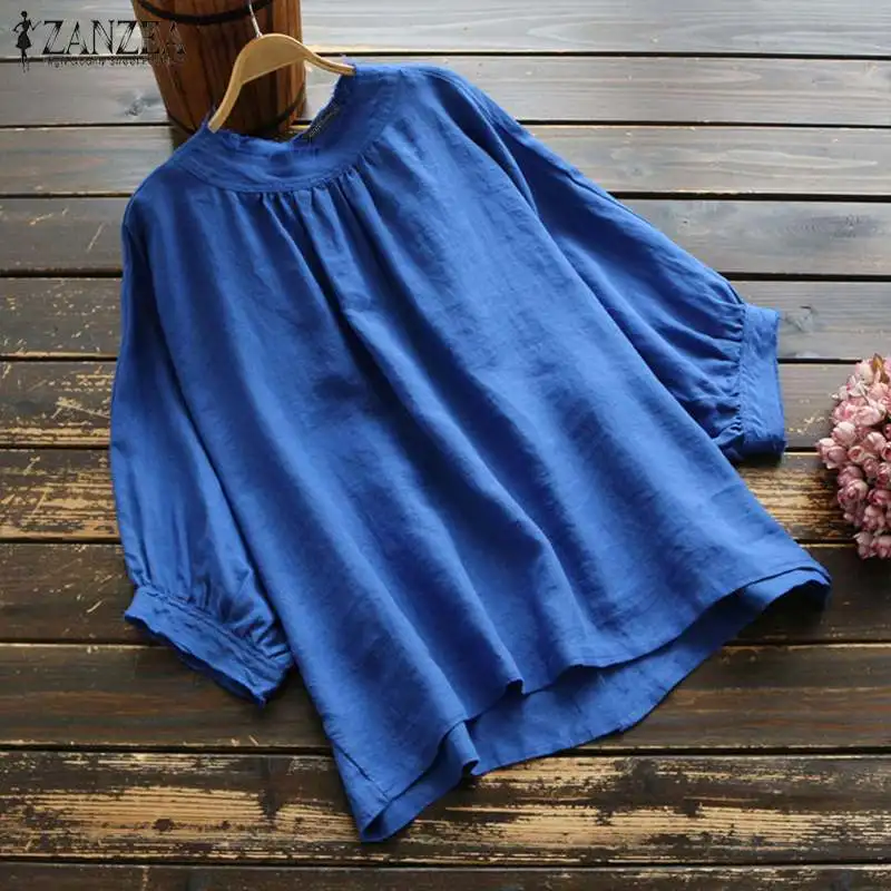 

ZANZEA Women's 3/4 Lantern Sleeve Blouse Vintage Linen Shirt Autumn Tunic Top Female Elegant Work OL Blusas Mujer Robe Plus Size