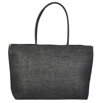

Ladies Straw Weaving Summer Beach Tote Zippered Bag - Black