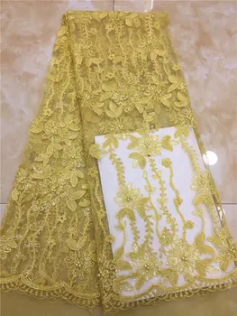

Latest African Lace Fabric 2019 High Quality Purple beads sequins Lace Fabric French Sequins yellow Lace Fabric For Dresses