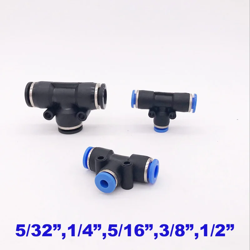 

10pcs a lot one touch plastic pneumatic tube fitting t type PE 5/32 1/4 5/16 3/8 1/2 3/16 inch quick hose connector air 3 way