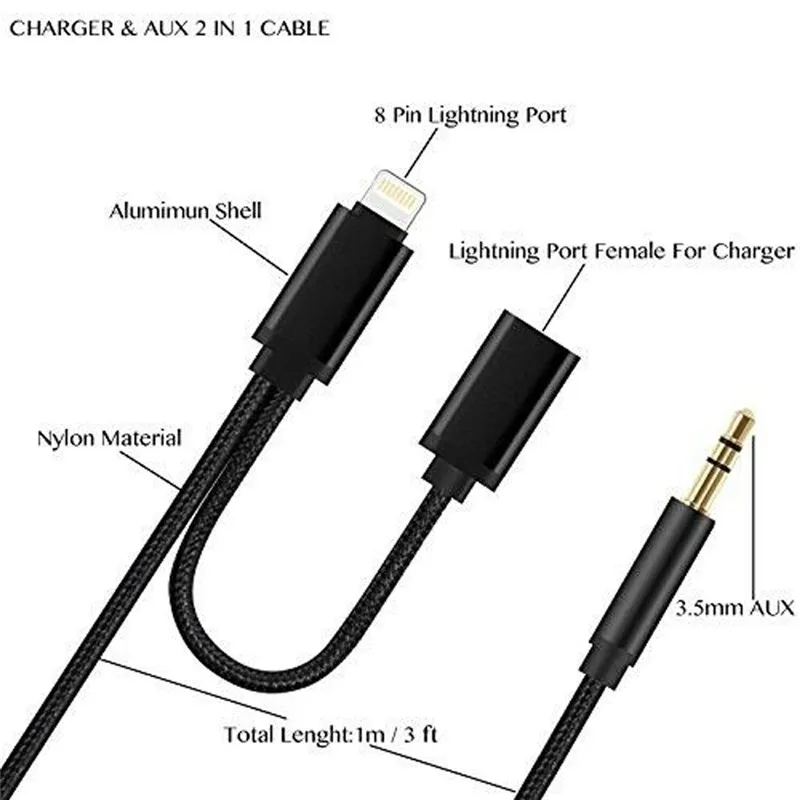 2в1 кабель Lightning для Aux 3 5 мм и Apple IPhone 6/6 s/6splus/7/8/7 Plus/8 Plus/X/Xs/Xr/Xs Max 1 м наушники|Сумки