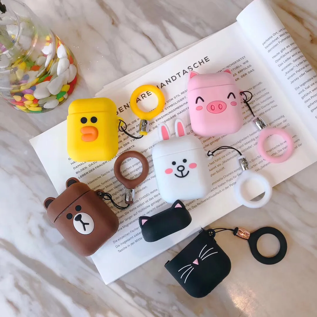 Чехол для Apple Airpods мультяшное кольцо брелок с медведем животным уткой мягкая
