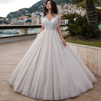 

Elegant Tassels Chapel Train Princess Ball Gown Wedding Dress Vestidos De Noiva 2019 Sweetheart Neck Bridal Gown