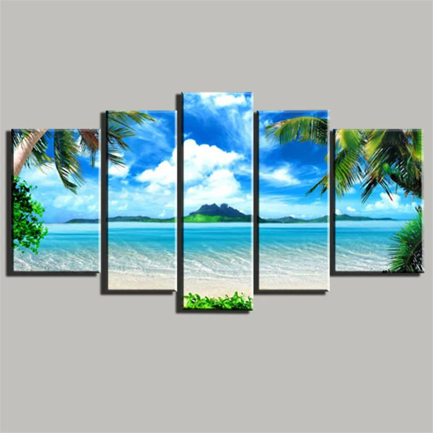 

5 Panel Canvas Printing On Canvas Sea Paintings Pictures Decor Blue Sky And White Clouds Wall Art Cuadros Decorativos