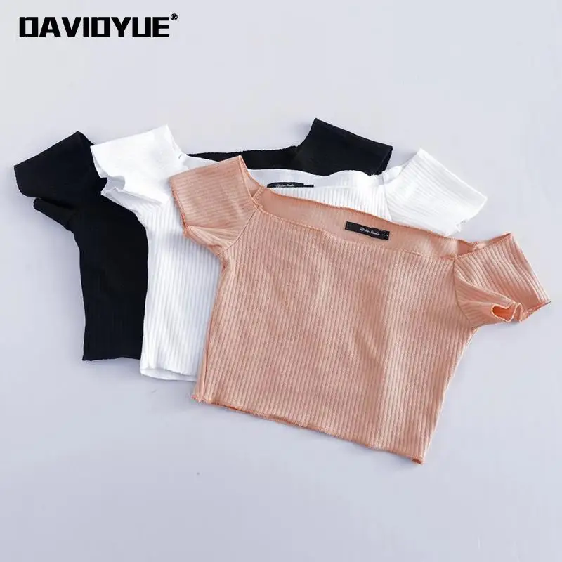 

Summer 2019 slash neck t shirt women off shoulder crop top Spring sexy short sleeve knitted tshirt girls backless tee tops