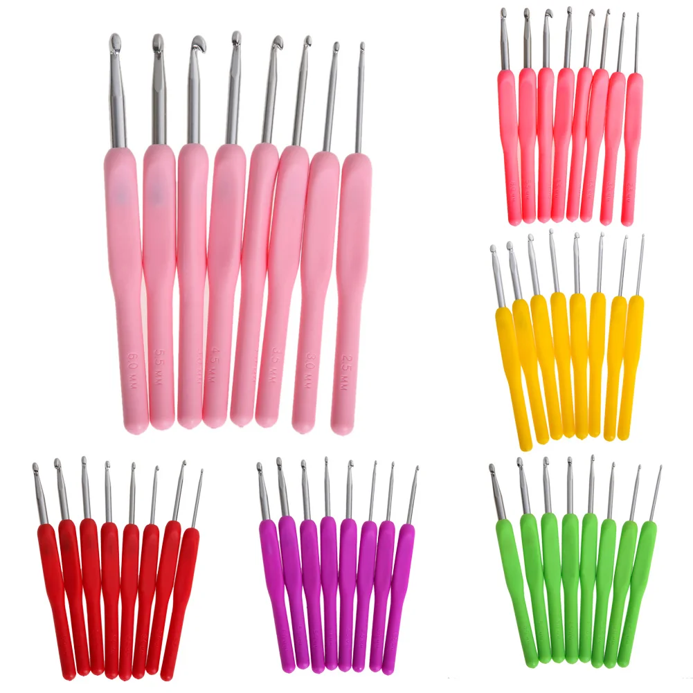 Алюминиевые крючки для вязания, аксессуары для шитья, пластиковая ручка, крючок для вязания, спица 2,5-6 мм, рукоделие DIY, 8 размеров
